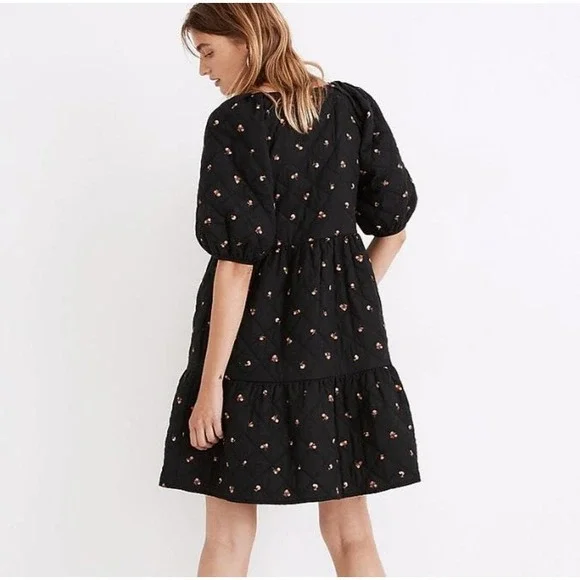 Madewell Quilted Puff-Sleeve Mini Dress in Black Amie Floral (small) - Picture 2 of 12